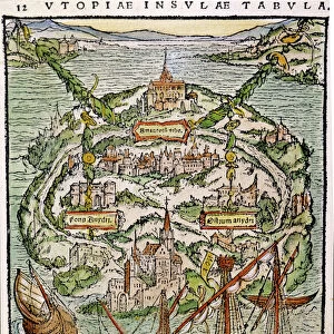 THE VIEW OF UTOPIA. Colored woodcut from Sir Thomas Mores Utopia, 1518
