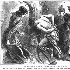 VIGILANTES, 1893. Woman vigilantes whipping a man for slandering their friend. Wood engraving, 1893