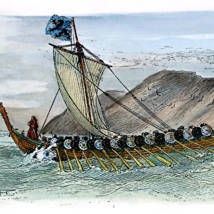VIKING SHIP, c1000 A. D. A Viking ship under oars and sail. Drawing by Harry Fenn, c1905