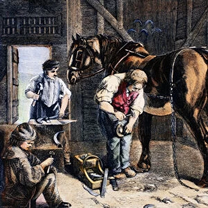 THE VILLAGE BLACKSMITH. Line engraving, American, 1862, after a painting by Richard Elmore