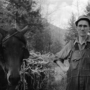 VIRGINIA: MAN, 1935. Man with a horse in Shenandoah National Park, Virginia