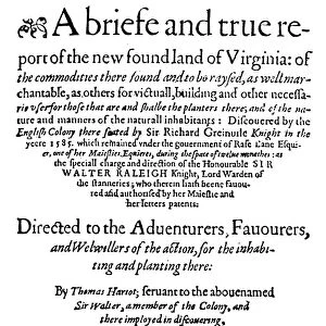 VIRGINIA PAMPHLET, 1588. Title-page of Thomas Harriots Report of the new found land of Virginia