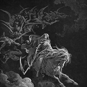 VISION OF DEATH. Vision of Death (on a pale horse), Revelation 6: 8. Wood engraving after Gustave Dor