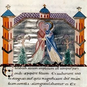 THE VISITATION. Illumination from a Gospel, early 11th century, Salzburg