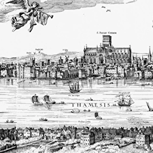 VISSCHER: LONDON, 1616. Detail from Claes Jansz Visschers 1616 view of London, showing the Bear Garden and the Globe Theatre on the south bank of the River Thames, with Old St. Pauls Cathedral visible on the opposite shore
