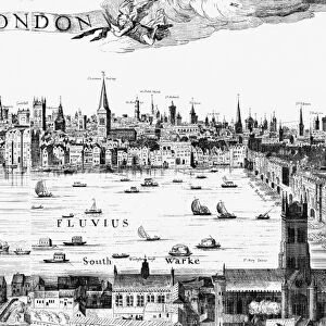 VISSCHER: LONDON, 1616. Detail from Claes Jansz Visschers 1616 view of London, showing London Bridge astride the River Thames