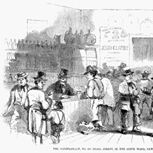 VOTING IN NEW YORK, 1858. New Yorkers, predominantly Irish immigrants, casting their ballots in the 1858 elections at a saloon in Pearl Street. Wood engraving from an American newspaper of 1858