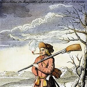 VOYAGEUR, 1722. A French-Canadian voyageur on snowshoes. French engraving, 18th century