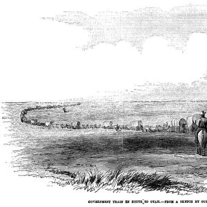 WAGON TRAIN, 1859. A government wagon train en route to Utah. Wood engraving from an American newspaper of 1859