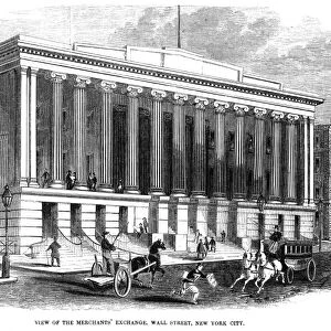 WALL STREET, 1852. Merchants Exchange. Wood engraving, 1852