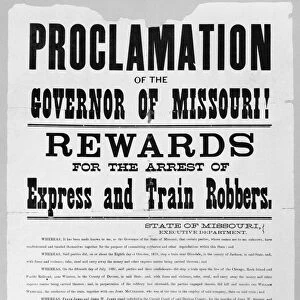 WANTED POSTER, 1881. Poster offering a reward for the arrest of Frank and Jesse James following a series of train robberies, issued by Thomas Crittenden, Governor of Missouri, 1881