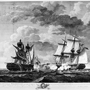 WAR OF 1812: NAVAL BATTLE. The defeat and capture of HMS Macedonian by USS United States under the command of Captain Stephen Decatur, 25 October 1812. Line engraving by Benjamin Tanner after William Birch and Son, c1813
