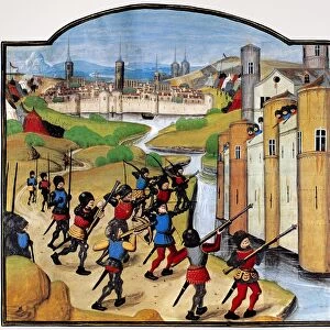 WARFARE: SIEGE OF ARRAS. The siege of the city of Arras by the King of France during the Hundred Years War. Illumination from the Chroniques d Enguerrand de Monstrelet, 15th century