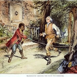 WASHINGTON: EXERCISE, 18th C. George Washington skipping the rope for exercise: wood engraving, American, 19th century