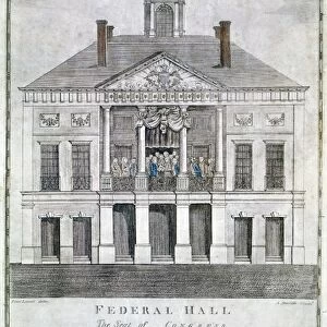 WASHINGTON: INAUGURATION. The inauguration of George Washington as the first president of the United States at Federal Hall, New York City, 30 April 1789. Line engraving by Amos Doolittle, 1790