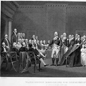 WASHINGTON: RESIGNATION. George Washington resigning his commission as commander-in-chief of the Continental Armies at Annapolis, Maryland, 23 December 1783. Steel engraving, 19th century