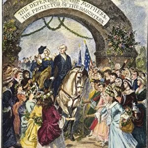 WASHINGTON: TRENTON, 1789. George Washingtons reception at Trenton, New Jersey, on 21 April 1789, en route to his inauguration at New York City: colored engraving, 19th century
