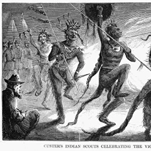 WASHITA RIVER, 1868. Osage and Kiowa scouts, in the service of the U. S. Seventh Cavalry under George Armstrong Custer, dance to celebrate their victory over Black Kettle and the Cheyennes at Washita River in Indian Territory. Contemporary American wood engraving
