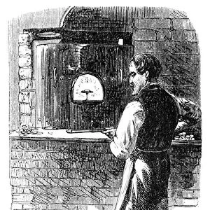 WATCHMAKER, 1869. A watchmaker baking the dials at the Elgin National Watch Company