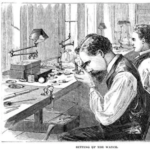 WATCHMAKERS, 1869. Workers assembling the parts of pocket watches, at the Elgin