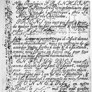 WATSON: PASSPORT, c1782. Passport issued to Elkanah Watson by Benjamin Franklin, from Passy, France, c1782