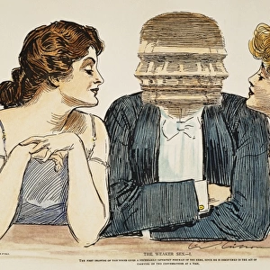 The Weaker Sex: The Hero... Discovered in the Act of Carrying on Two Conversations at a Time. Pen-and-ink drawing, 1903, by Charles Dana Gibson