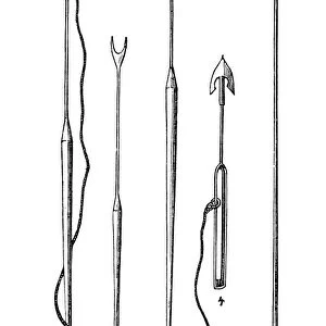 WHALING IMPLEMENTS, 1850. A collection of tools used to capture and dissect whales. Wood engraving, American, 1850