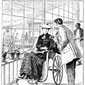 WHEELCHAIR, 1886. In the Conservatory. Wood engraving, American, 1886, after Charles Stanley Reinhart