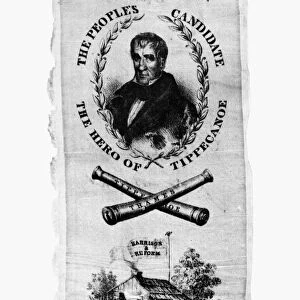 WHIG PARTY BANNER, 1840. Banner supporting Whig Party presidential candidates, William Henry Harrison and John Tyler, illustrating their slogans which were Tippecanoe and Tyler Too, as well as Log Cabin and Hard Cider, 1840