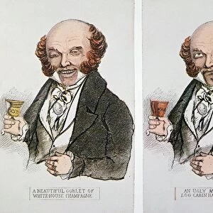 Whig placards of the 1840 Presidential campaign showing the Democratic incumbent Martin Van Buren savoring White House Champagne but grimacing at an ugly mug of log-cabin hard cider favored by the common man and Whig candidate William Henry Harrison