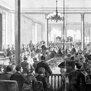 WHISKEY RING TRIAL, 1876. Opening of the trial United States vs. Orville E. Babcock in St. Louis, Missouri. Babcock, then Secretary to the President, Ulysses S. Grant, was put on trial for his alleged involvement in a scandal in which whiskey distillers bribed Treasury Department agents and evaded taxes. Engraving, 1876