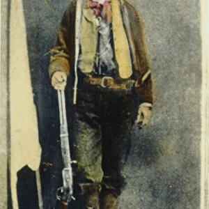 WILLIAM H. BONNEY (1859-1881). Known as Billy the Kid. American desperado. Billy the Kid holding a Model Winchester 73 rifle. Oil over a photograph, c1880