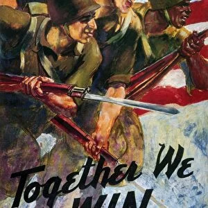 Together We Win : American World War II poster showing black and white soldiers fighting side by side