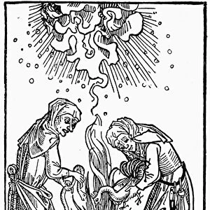 WITCHES, 1508. Witches brewing up a storm. German woodcut, 1508