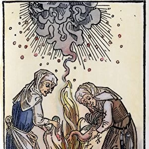WITCHES, 1508. Witches brewing up a storm. German woodcut, 1508