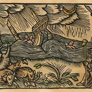 WITCHES BREWING UP STORM. Woodcut from Olaus Magnus Historia de gentibus septentrionalibus