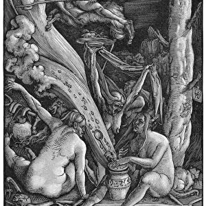 WITCHES SABBATH, 1514. Witches concocting an ointment to be used for flying to the Sabbath