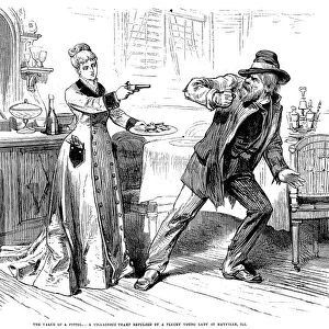WOMAN WITH PISTOL, 1879. The value of a pistol. A villainous tramp repulsed by a young lady at Mayville, Illinois. Wood engraving from an American newspaper of 1879