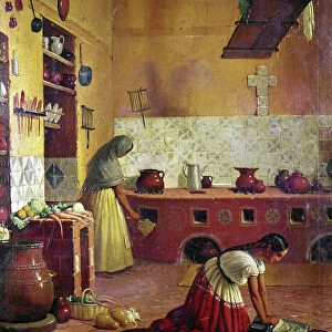Two women at work in a Mexican kitchen. Painting by an unknown artist, c1850