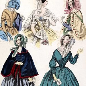 WOMENs FASHION, 1842. American fashion print from Godeys Ladys Book of the latest styles from Paris, March 1842
