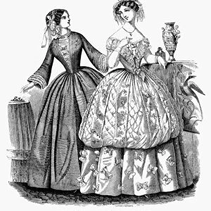 WOMENs FASHION, 1853. Ladies dinner or visiting toilet, left, and ball gown. Fashion illustration from an American magazine of 1853