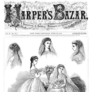 WOMENs FASHION, 1868. Bridal Dresses and Coiffures. Wood engraving from an American newspaper