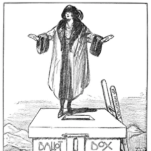 WOMENs RIGHTS CARTOON. The End of the Climb. Cartoon by Rollin Kirby, 1920, upon the proclamation of the adoption of the 19th (Women Suffrage) Amendment to the United States Constitution