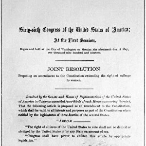 WOMENs RIGHTS MOVEMENT. The Congressional Resolution for the submissiom of the 19th Amendment to the Constitution to the state legislatures for ratification