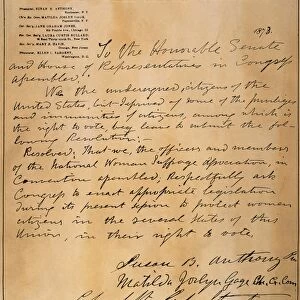 WOMENs RIGHTS PETITION. Petition, signed by Susan B. Anthony and Elizabeth Cady Stanton, of the National Womens Suffrage Association to Congress, 1873