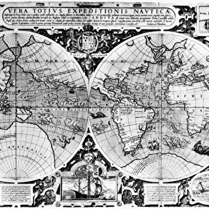 WORLD MAP, 16th CENTURY. Map engraved by Jodocus Hondius, perhaps at London, England, about 1590, showing the track of Sir Francis Drakes circumnavigation of the globe, 1577-80, and that of Thomas Cavendish, 1586-88