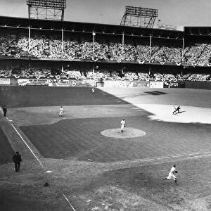 WORLD SERIES, 1941. A view of the action at Ebbets Field in Brooklyn, New York, during Game 3 of the 1941 World Series between the Brooklyn Dodgers (in the field) and the New York Yankees, won by the Yankees 2-1, 4 October 1941