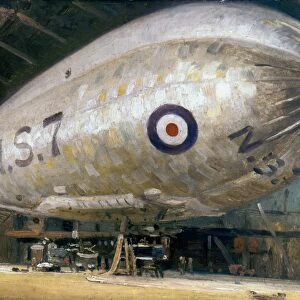 WORLD WAR I: AIRSHIP. British World War I North Sea class non-rigid airship in hangar at East Fortune. Painting by Alfred Egerton Cooper