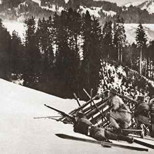 WORLD WAR I: ALPINE SCOUTS. Austrian alpine scouts in a mountain pass through which