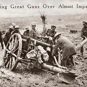 WORLD WAR I: ARTILLERY. Allied troops jacking a piece of artillery out of the mud